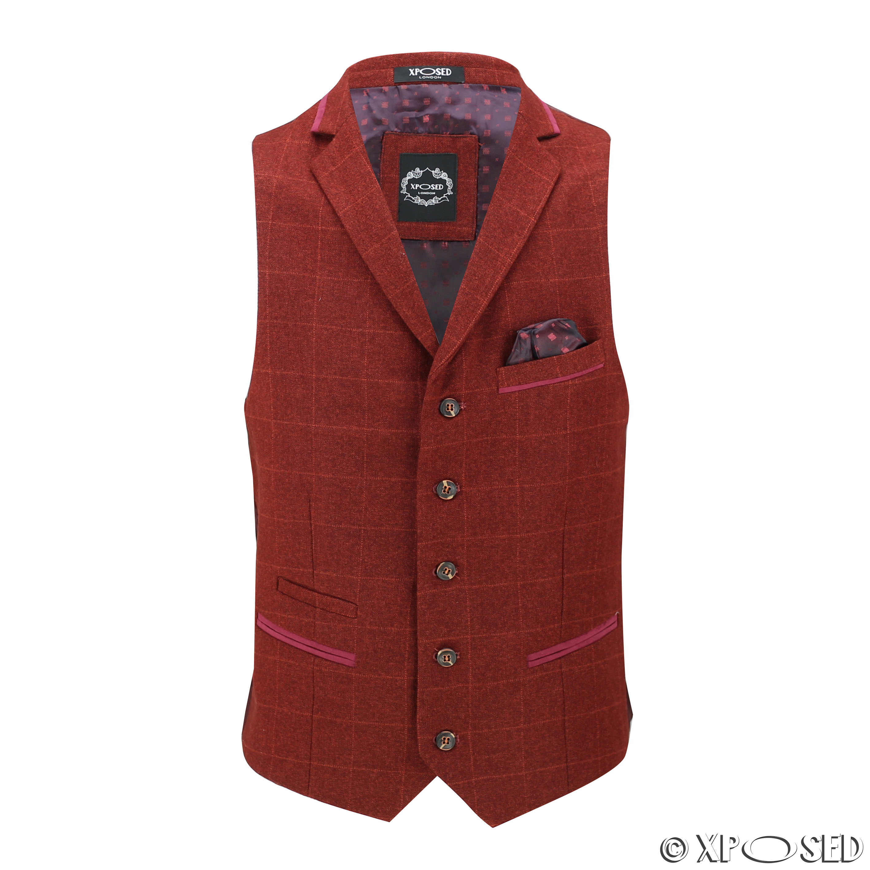 Mens Herringbone Tweed Check Vintage Collar Waistcoat Casual Tailored